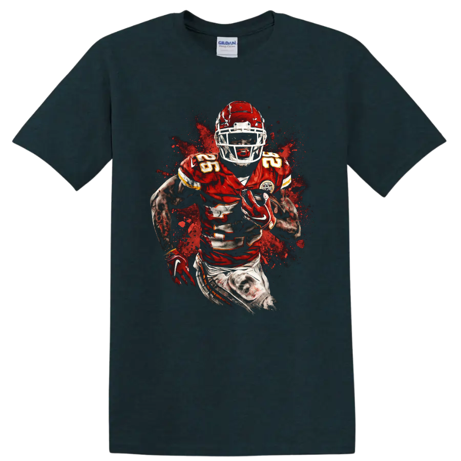 Isiah Pacheco Kansas City Chiefs running back action graphic with paint splatter on a Midnight (Green) T Shirt