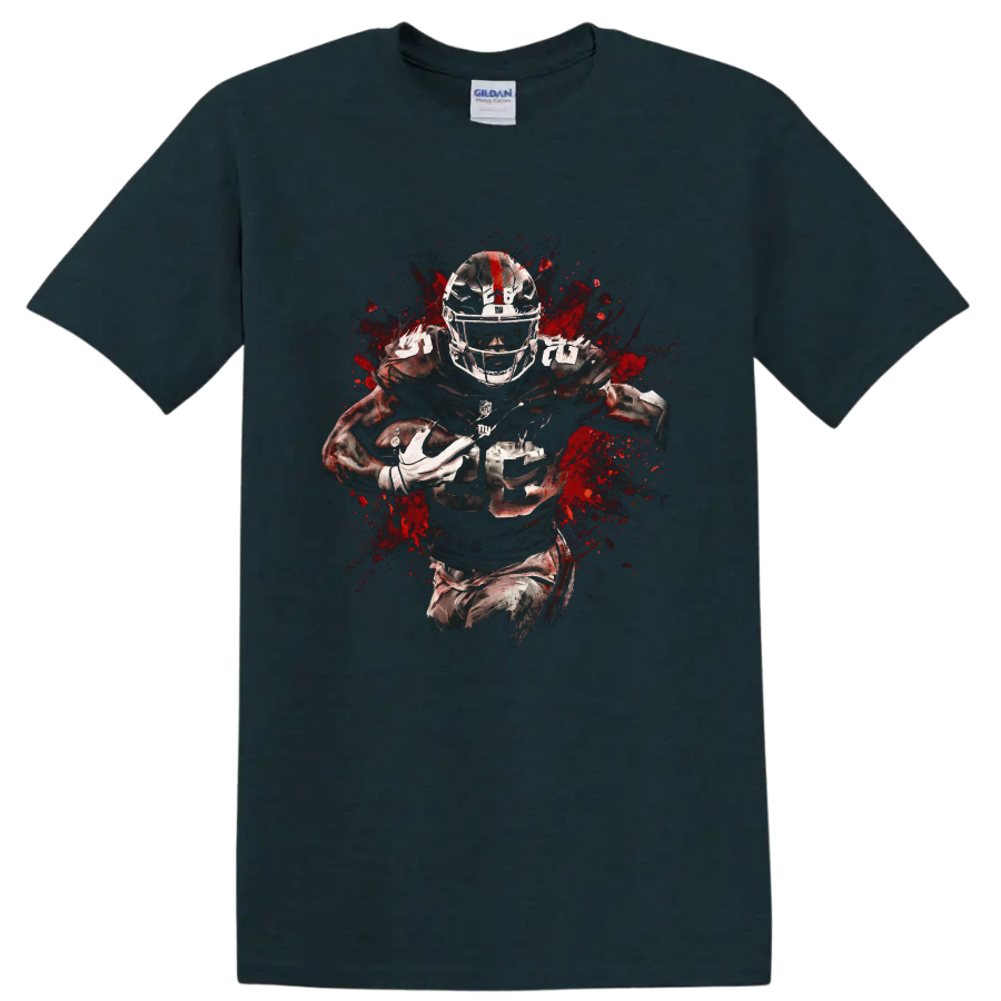 No. 25 football running back in gritty red splatter action artwork on a Midnight (Green) T Shirt