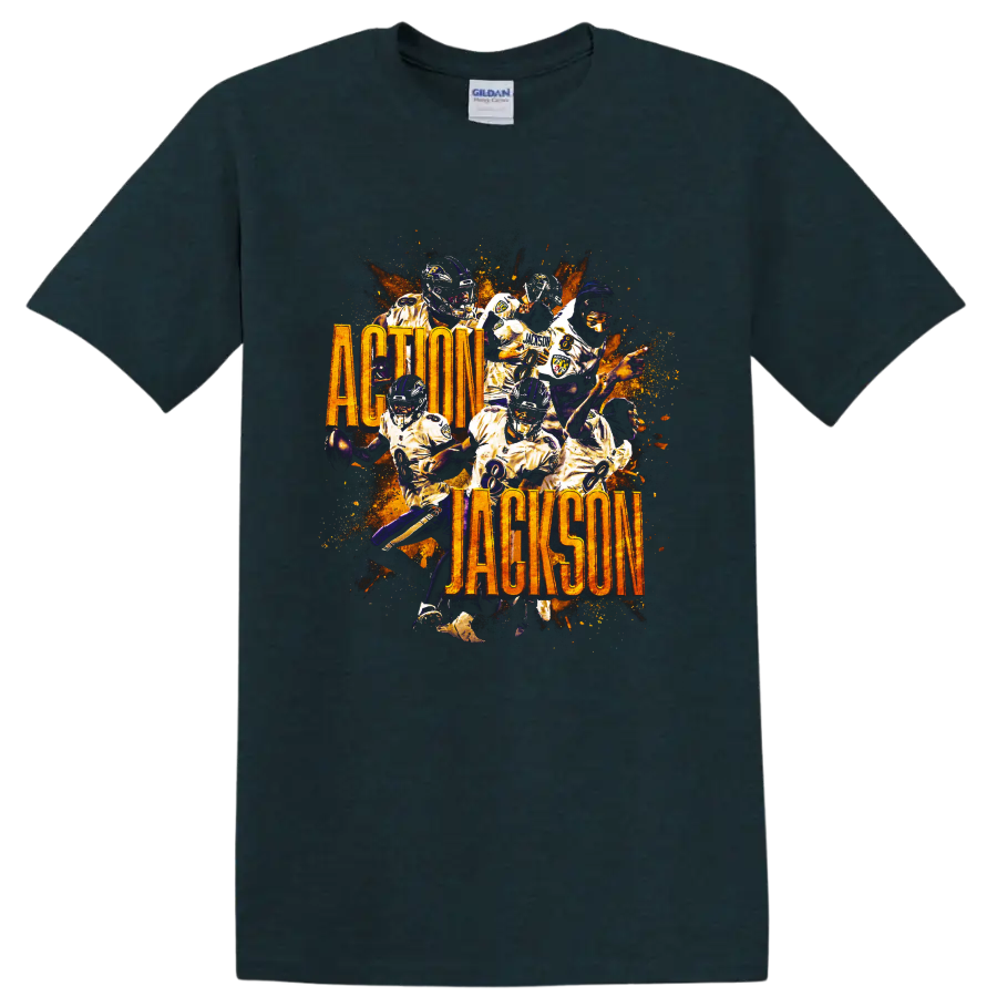 Lamar Jackson Ravens action collage with fiery splatter and Action Jackson text on a Midnight (Green) T Shirt