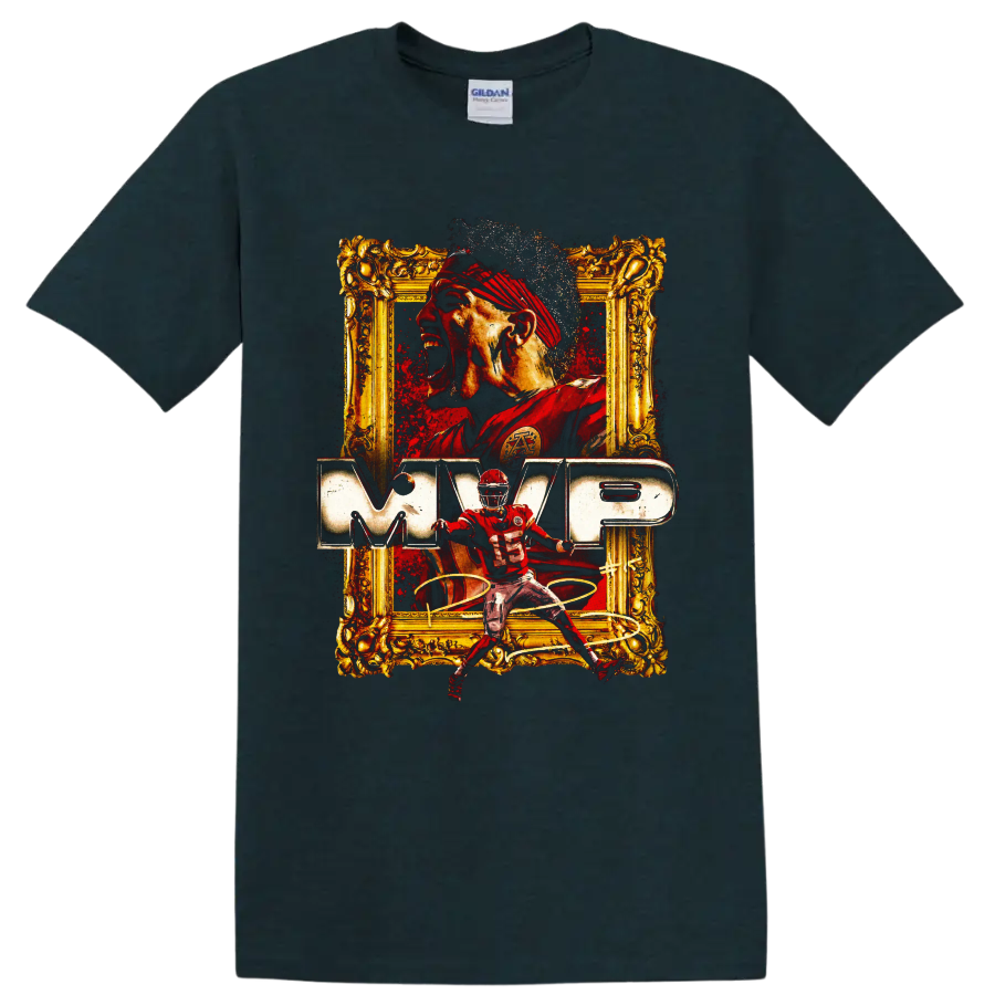 Patrick Mahomes Chiefs MVP graphic with number 15 action pose and ornate gold frame on a Midnight (Green) T Shirt