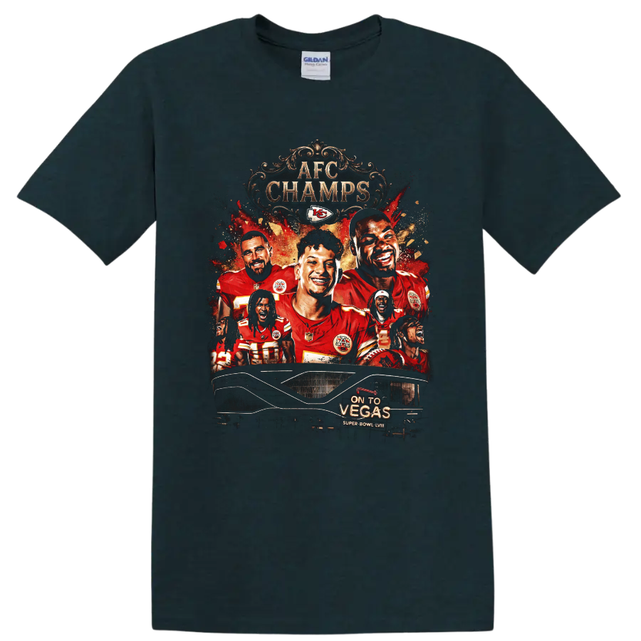 Kansas City Chiefs AFC CHAMPS player collage with On To Vegas Super Bowl LVIII on a Midnight (Green) T Shirt
