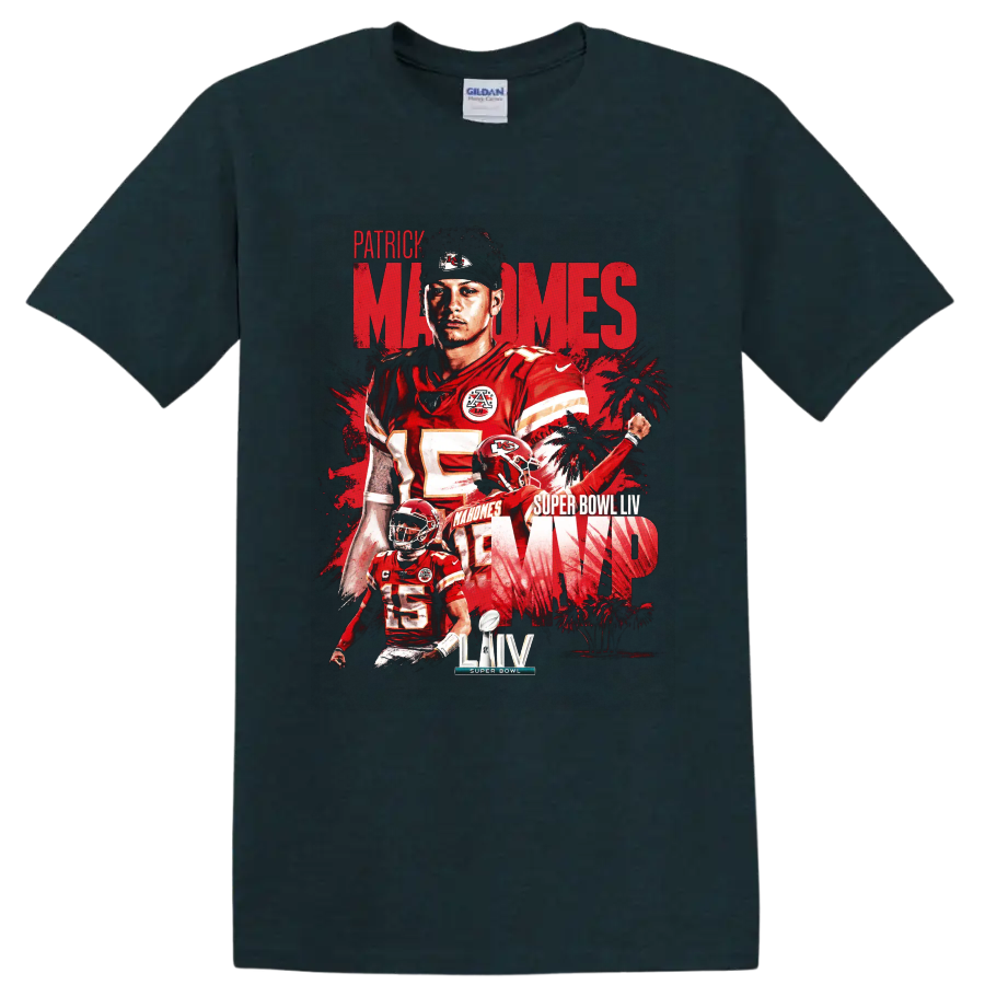 Patrick Mahomes Chiefs Super Bowl LIV MVP distressed football collage graphic on a Midnight (Green) T Shirt