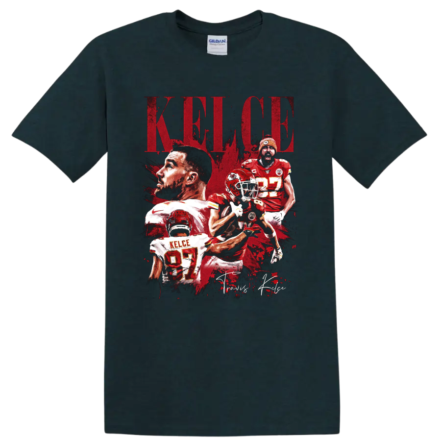 Travis Kelce Chiefs No. 87 distressed football collage with KELCE lettering on a Midnight (Green) T Shirt