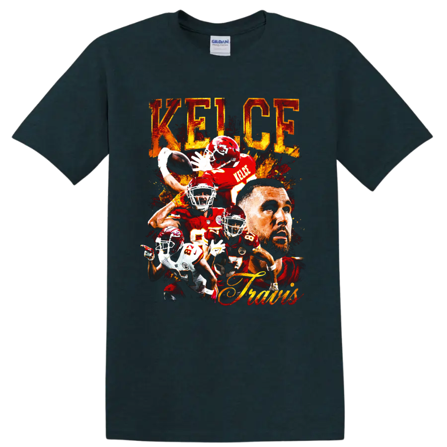 Travis Kelce Kansas City Chiefs football collage with distressed KELCE lettering on a Midnight (Green) T Shirt