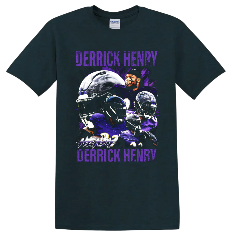 Derrick Henry Baltimore Ravens football collage with helmets and distressed purple text on a Midnight (Green) T Shirt