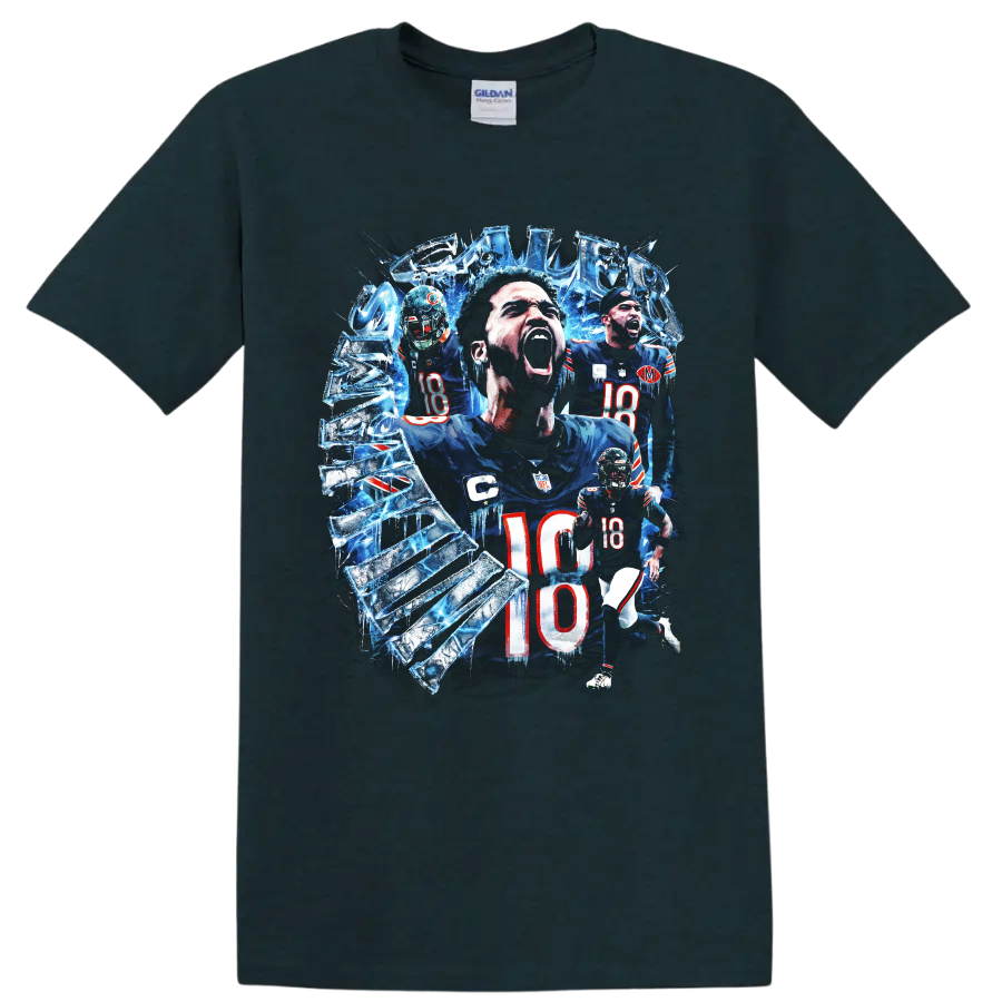 Caleb Williams Chicago Bears number 18 icy shattered football action collage on a Midnight (Green) T Shirt
