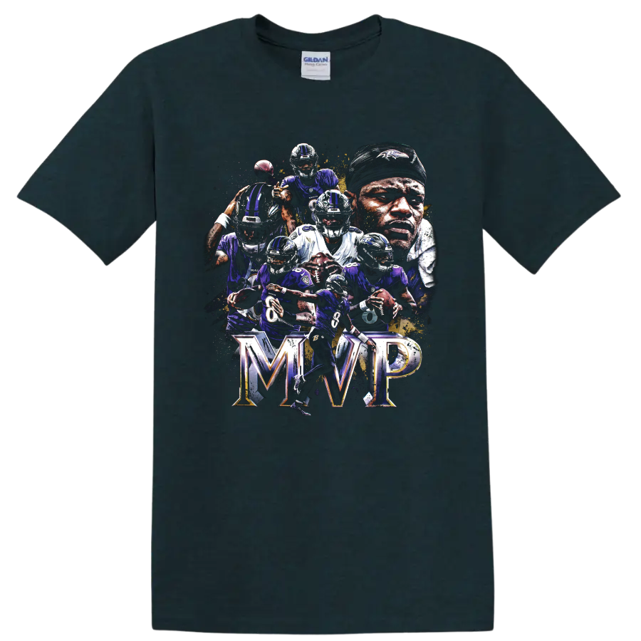 Lamar Jackson Baltimore Ravens MVP action collage with quarterbacks and bold MVP lettering on a Midnight (Green) T Shirt