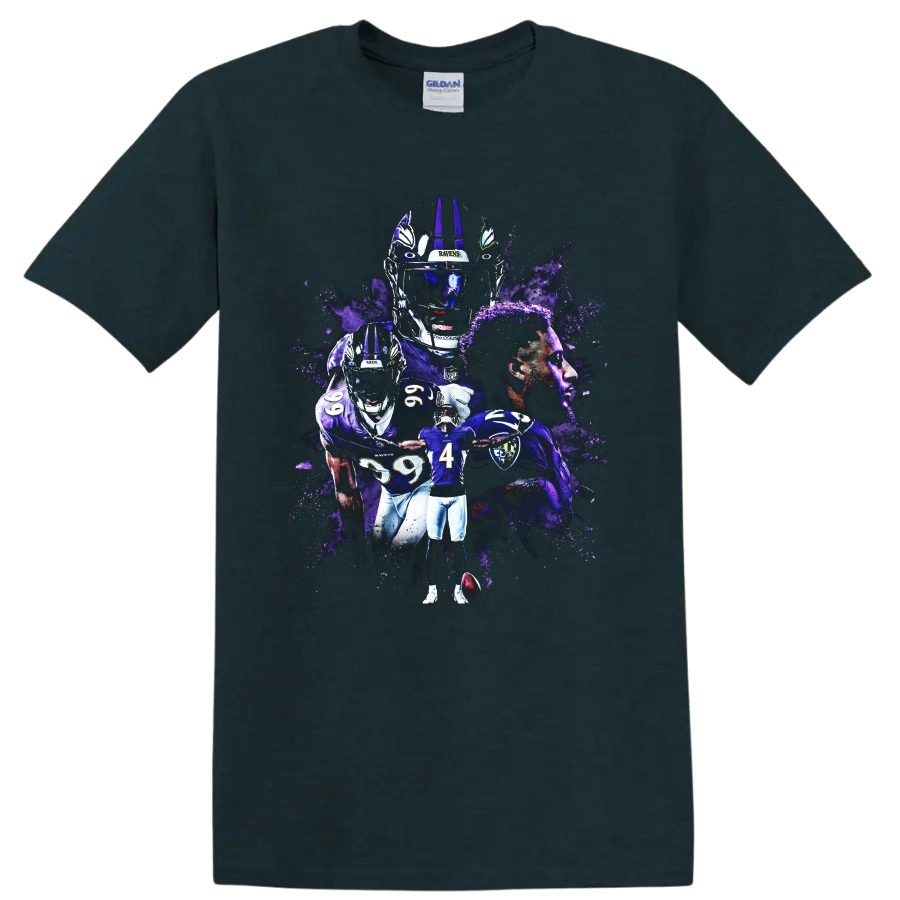 Zay Flowers Baltimore Ravens wide receiver purple paint-splatter football collage on a Midnight (Green) T Shirt