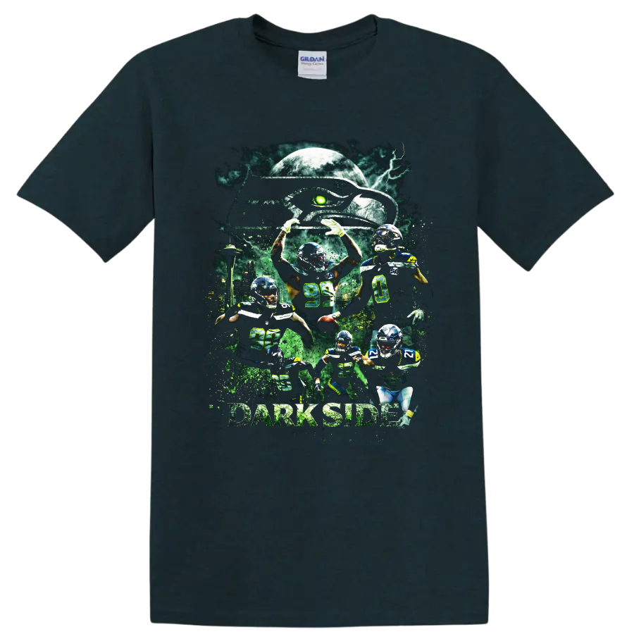 Seattle Seahawks Dark Side football player collage with moon, lightning, and skyline on a Midnight (Green) T Shirt