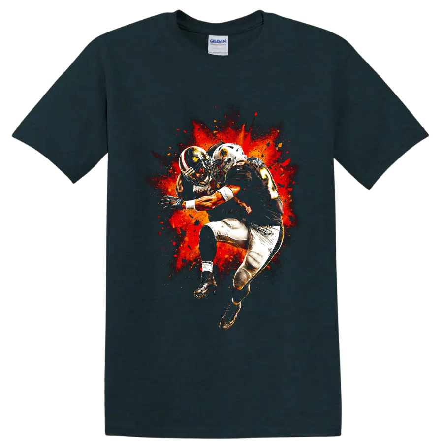 American football players colliding in fiery red-orange splatter action art on a Midnight (Green) T Shirt