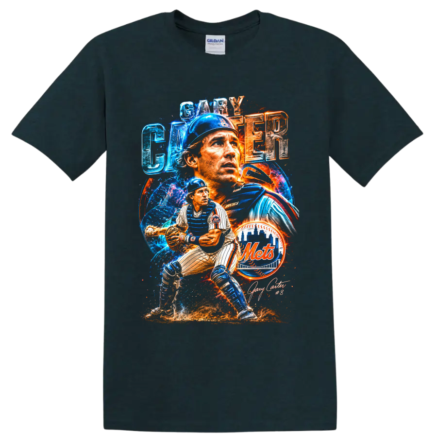 Gary Carter New York Mets catcher portrait and action baseball collage on a Midnight (Green) T Shirt