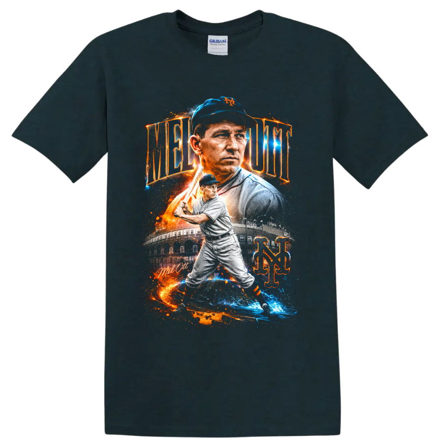 Mel Ott New York Giants portrait and batting graphic with vintage ballpark and NY monogram on a Midnight (Green) T Shirt