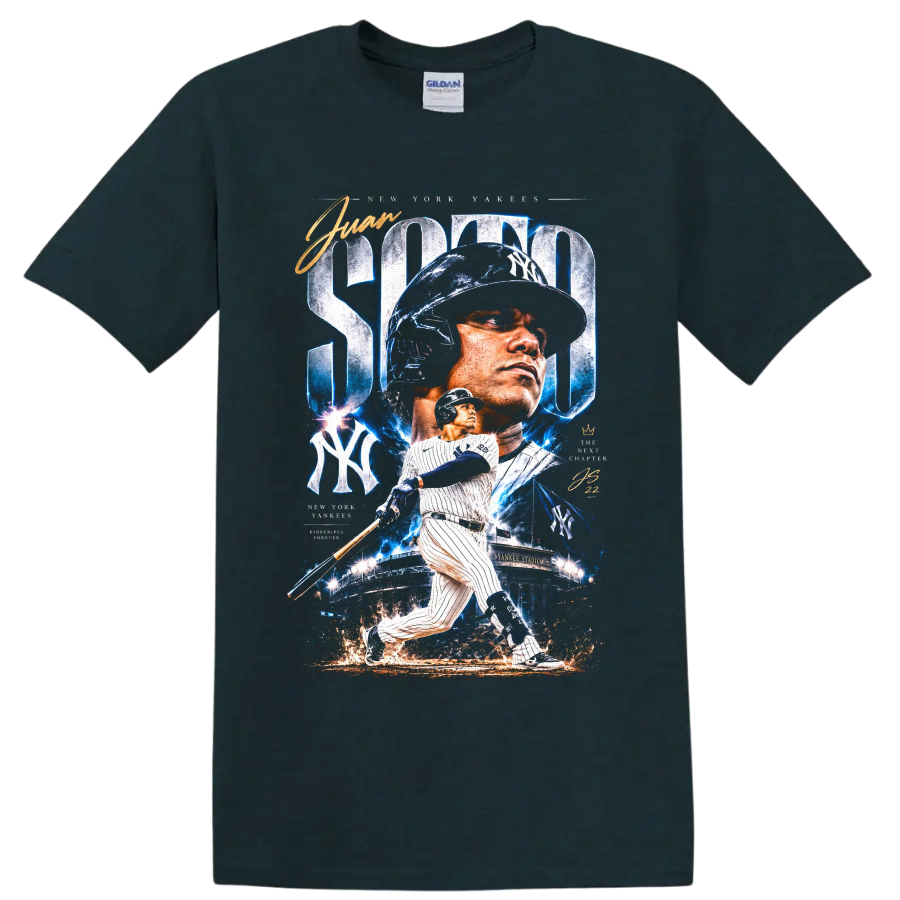 Juan Soto New York Yankees batting action graphic with Yankee Stadium and blue effects on a Midnight (Green) T Shirt