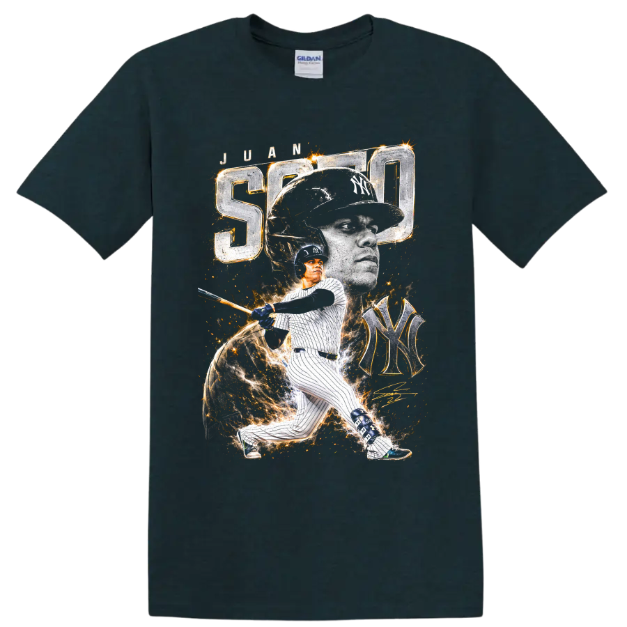 Juan Soto New York Yankees portrait and batting action graphic with SOTO and NY monogram on a Midnight (Green) T Shirt