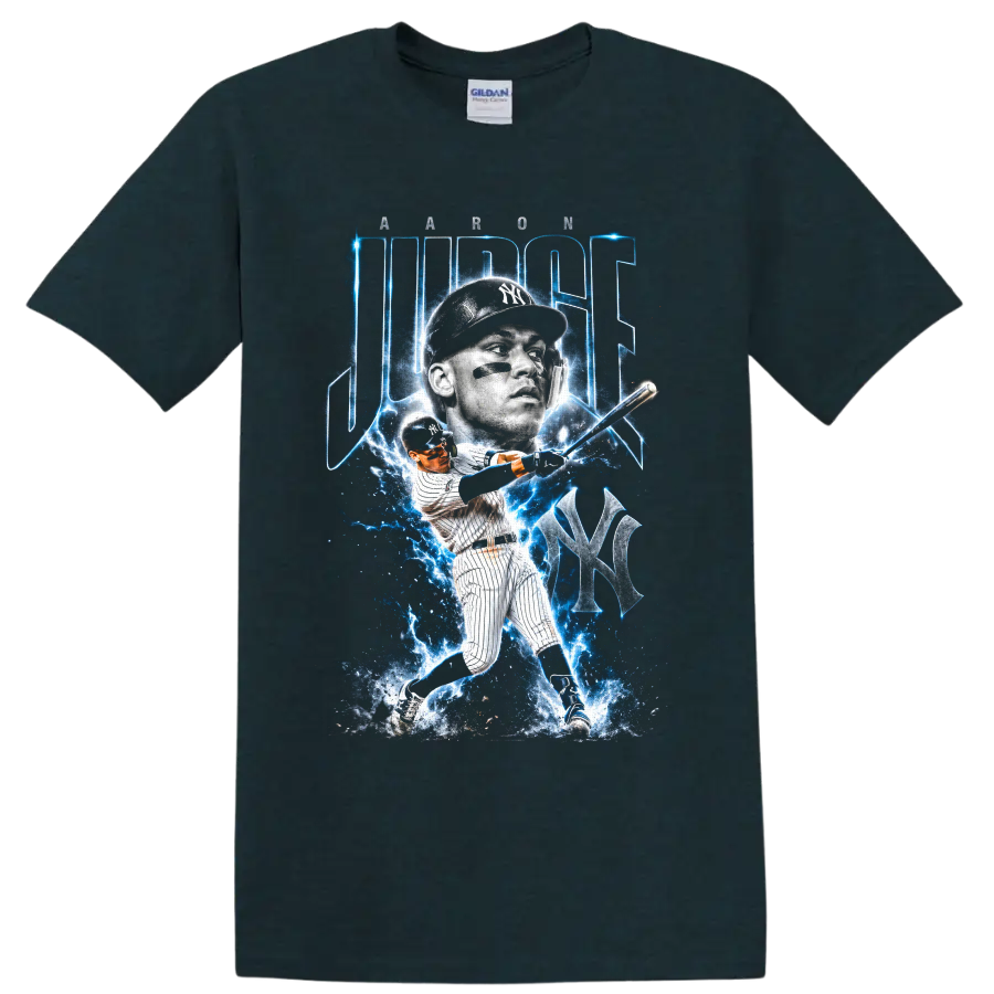 Aaron Judge New York Yankees electric blue baseball portrait and swinging action graphic on a Midnight (Green) T Shirt