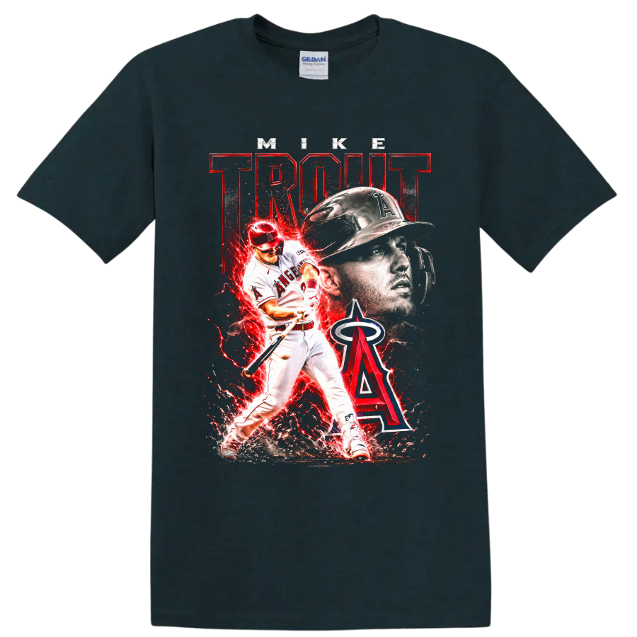 Mike Trout Los Angeles Angels action baseball art with helmet portrait and red energy on a Midnight (Green) T Shirt