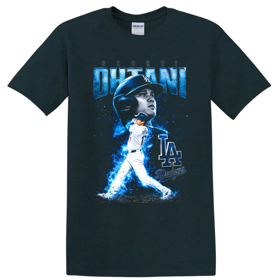 Shohei Ohtani Dodgers number 17 batting graphic with blue lightning and LA lettering on a Midnight (Green) T Shirt