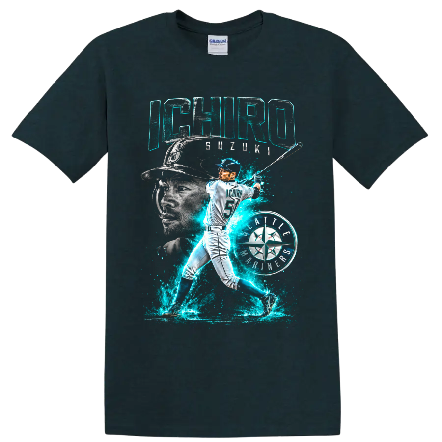 Ichiro Suzuki Seattle Mariners batting portrait with neon teal energy and number 51 on a Midnight (Green) T Shirt