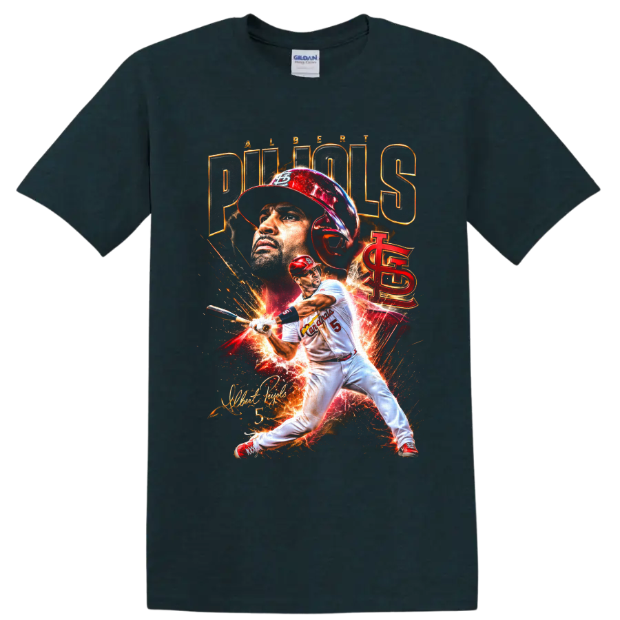 Albert Pujols Cardinals batting graphic with portrait, fiery effects, and signature on a Midnight (Green) T Shirt