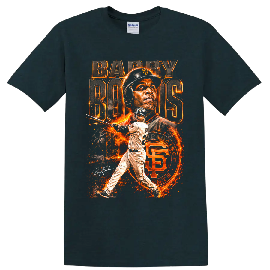 Barry Bonds San Francisco Giants fiery portrait and batting collage with BARRY BONDS text on a Midnight (Green) T Shirt