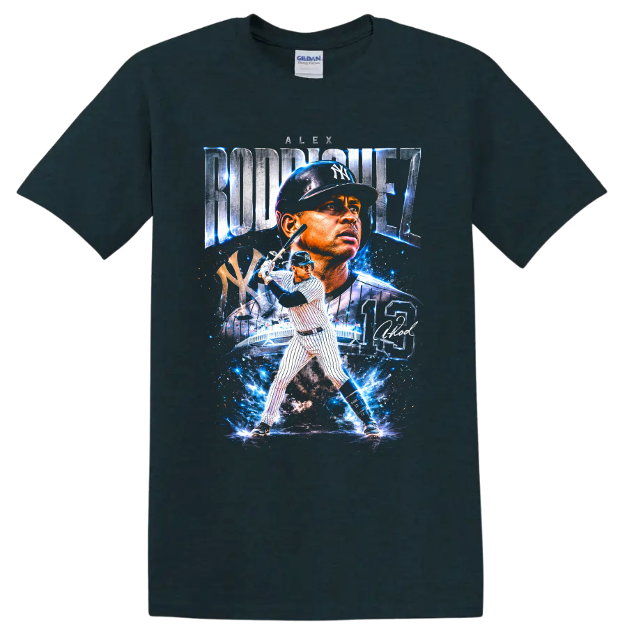 Alex Rodriguez Yankees No. 13 baseball collage with electric blue stadium effects on a Midnight (Green) T Shirt
