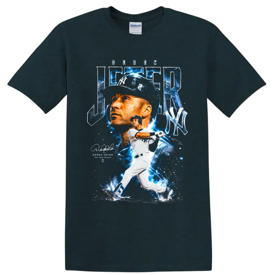 Derek Jeter Yankees portrait and batting graphic with blue stadium effects on a Midnight (Green) T Shirt