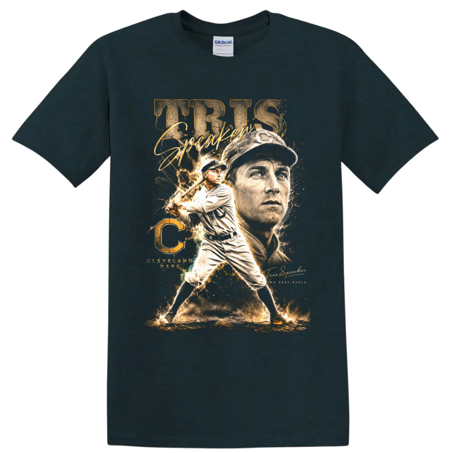 Tris Speaker Cleveland Naps vintage baseball portrait and batting graphic on a Midnight (Green) T Shirt