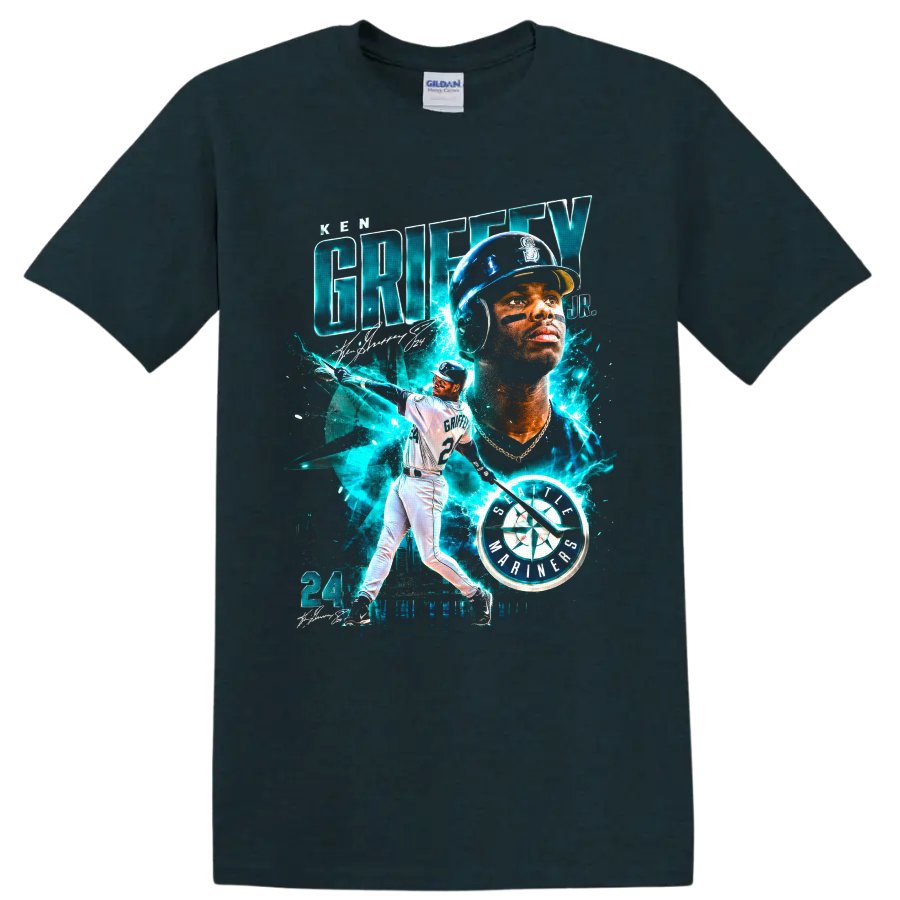 Ken Griffey Jr. Seattle Mariners batting portrait with number 24 and teal electric on a Midnight (Green) T Shirt