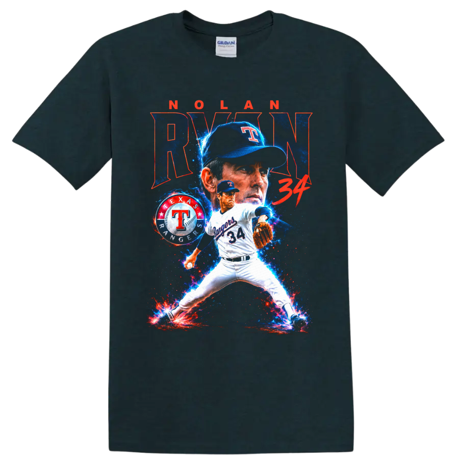 Nolan Ryan Texas Rangers No. 34 pitcher graphic with cosmic blue and red effects on a Midnight (Green) T Shirt