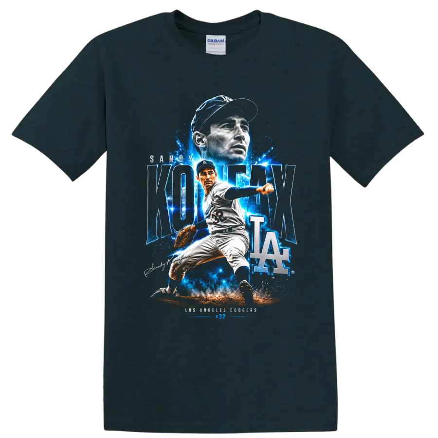 Sandy Koufax Dodgers pitcher collage with KOUFAX lettering, number 32, and LA logo on a Midnight (Green) T Shirt