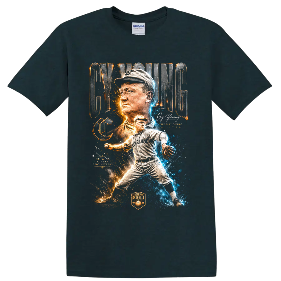 Cy Young Cleveland pitcher collage with vintage lettering and blue-gold sparks on a Midnight (Green) T Shirt