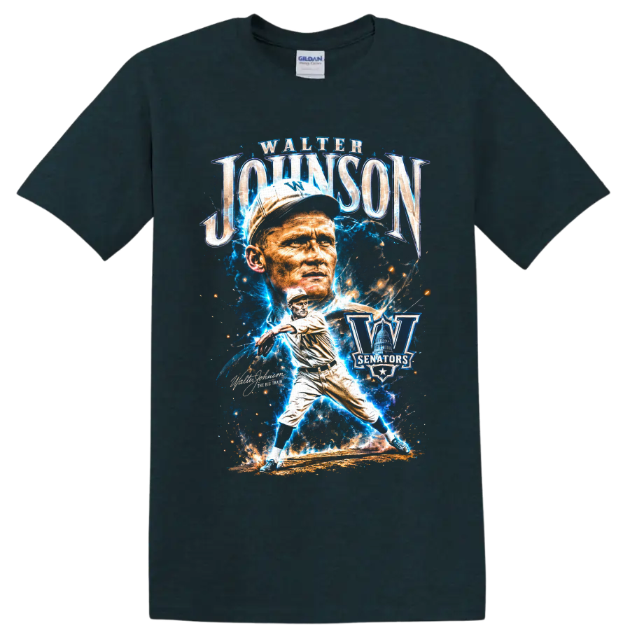 Walter Johnson Washington Senators pitcher portrait and action graphic on a Midnight (Green) T Shirt