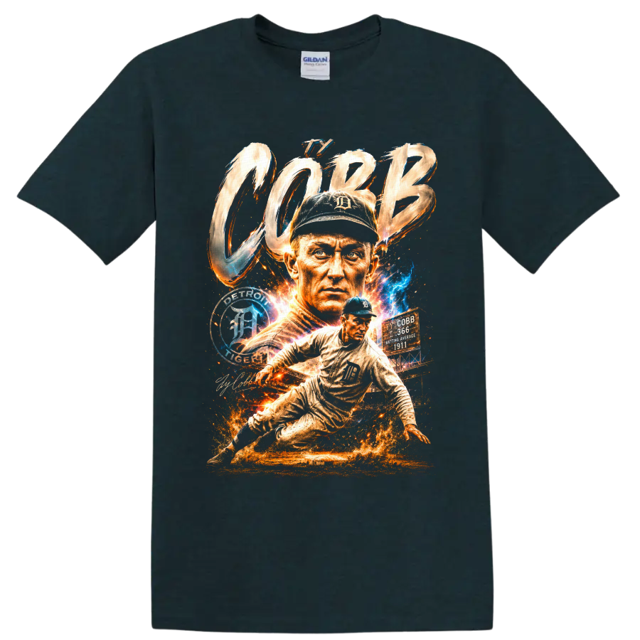 Ty Cobb Detroit Tigers portrait and sliding baseball player graphic with COBB lettering on a Midnight (Green) T Shirt
