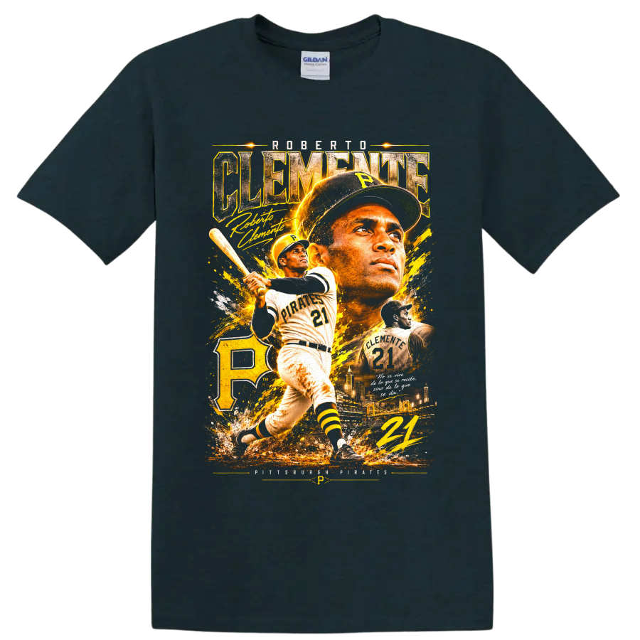 Roberto Clemente Pittsburgh Pirates number 21 vintage gold baseball collage on a Midnight (Green) T Shirt