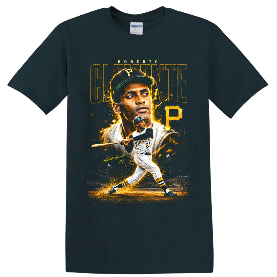 Roberto Clemente Pittsburgh Pirates portrait and batting graphic with number 21 on a Midnight (Green) T Shirt