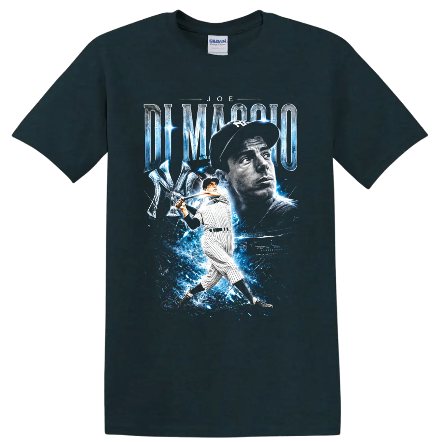 Joe DiMaggio Yankees portrait and batting pose with blue energy baseball graphic on a Midnight (Green) T Shirt