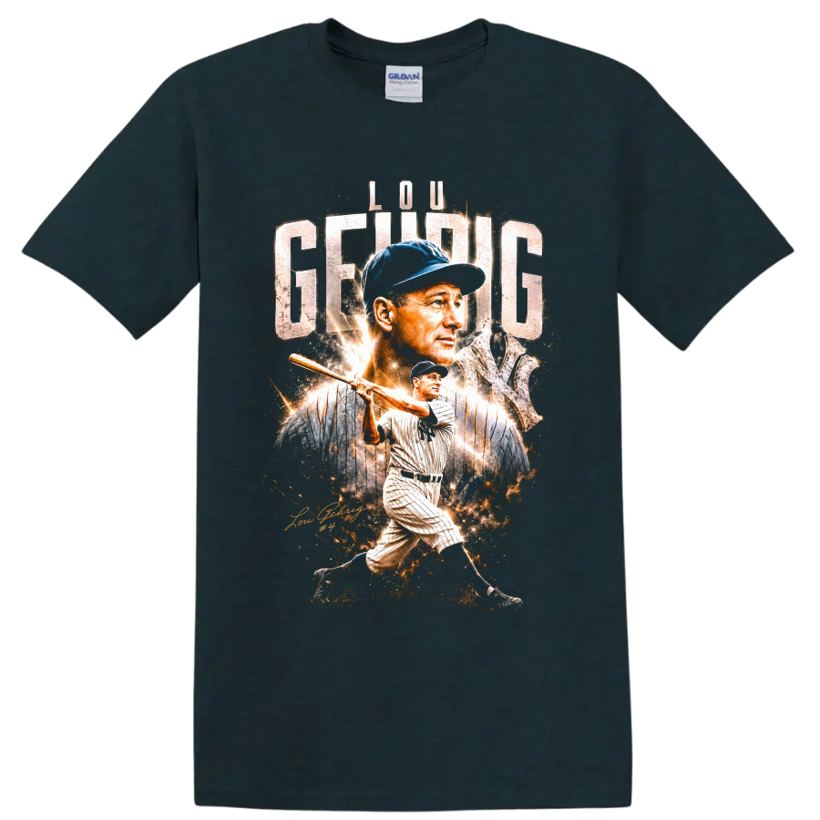 Lou Gehrig Yankees portrait and batting graphic with distressed lettering and number 4 on a Midnight (Green) T Shirt