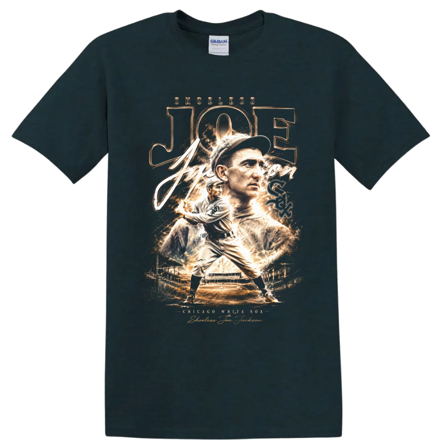 Shoeless Joe Jackson Chicago White Sox vintage portrait and batting baseball graphic on a Midnight (Green) T Shirt