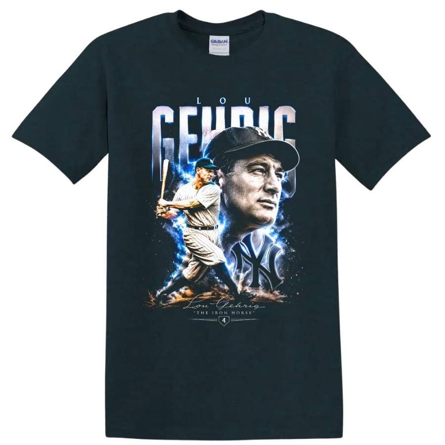 Lou Gehrig Yankees portrait and batting collage with Iron Horse text on a Midnight (Green) T Shirt