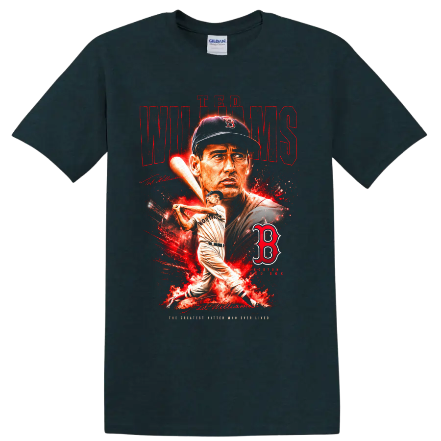 Ted Williams Boston Red Sox portrait and batting graphic with distressed red lettering on a Midnight (Green) T Shirt