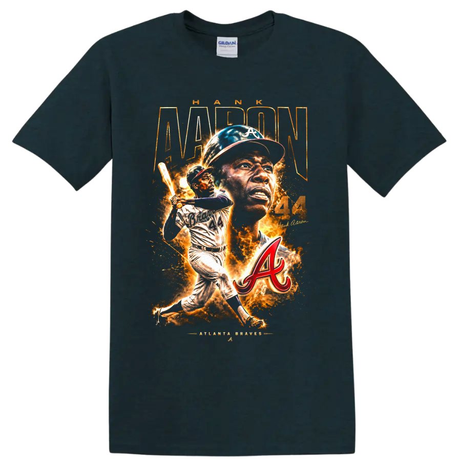 Hank Aaron Atlanta Braves No. 44 portrait and batting action graphic on a Midnight (Green) T Shirt