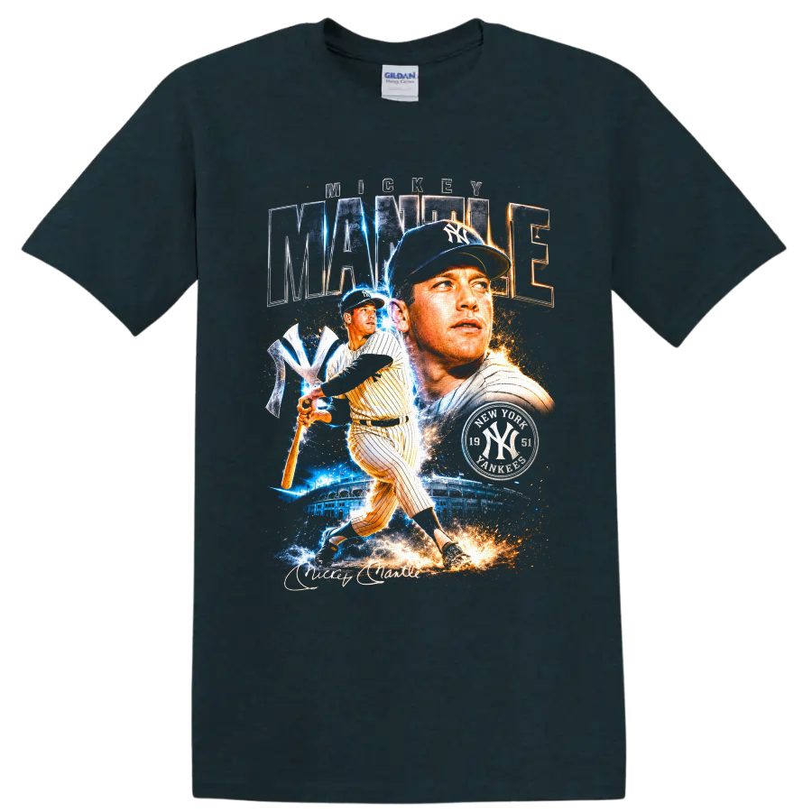 Mickey Mantle New York Yankees portrait and batting collage with MANTLE lettering on a Midnight (Green) T Shirt