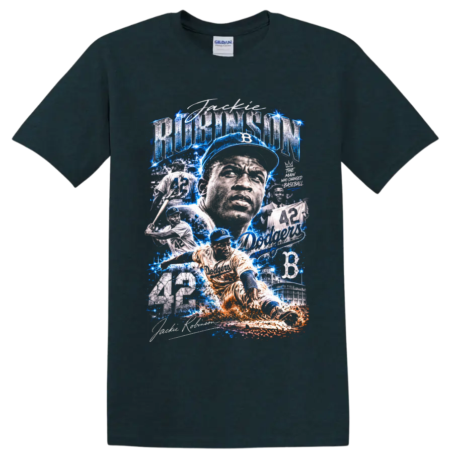 Jackie Robinson Brooklyn Dodgers 42 baseball collage with electric blue action effects on a Midnight (Green) T Shirt