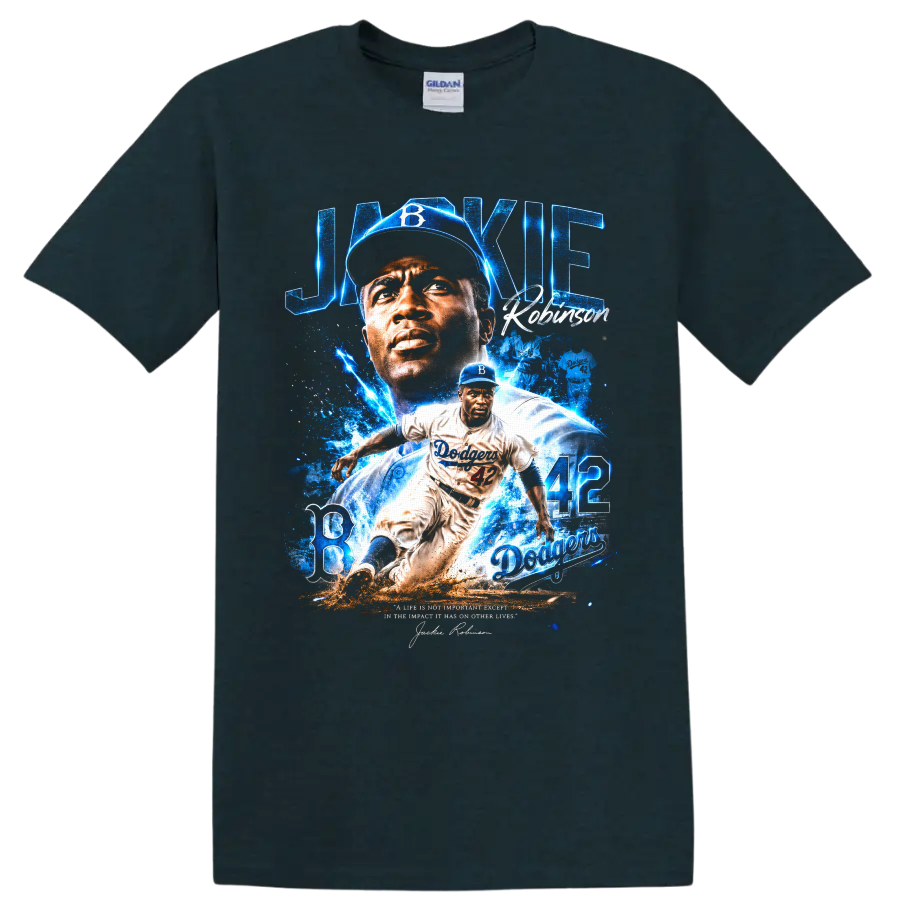 Jackie Robinson Brooklyn Dodgers 42 portrait and action baseball tribute graphic on a Midnight (Green) T Shirt