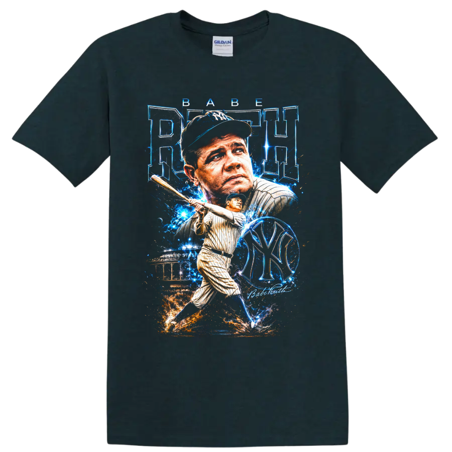 Babe Ruth Yankees baseball portrait and batting graphic with Yankee Stadium on a Midnight (Green) T Shirt