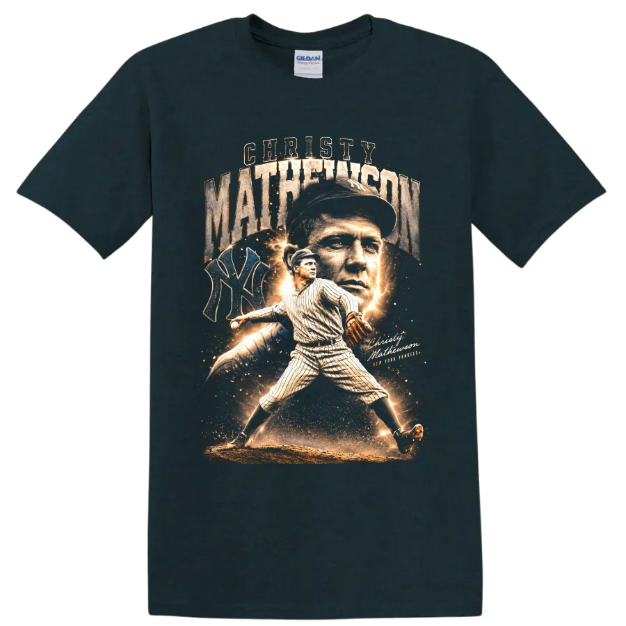 Christy Mathewson vintage baseball collage with pitcher portrait, action pose, and NY on a Midnight (Green) T Shirt
