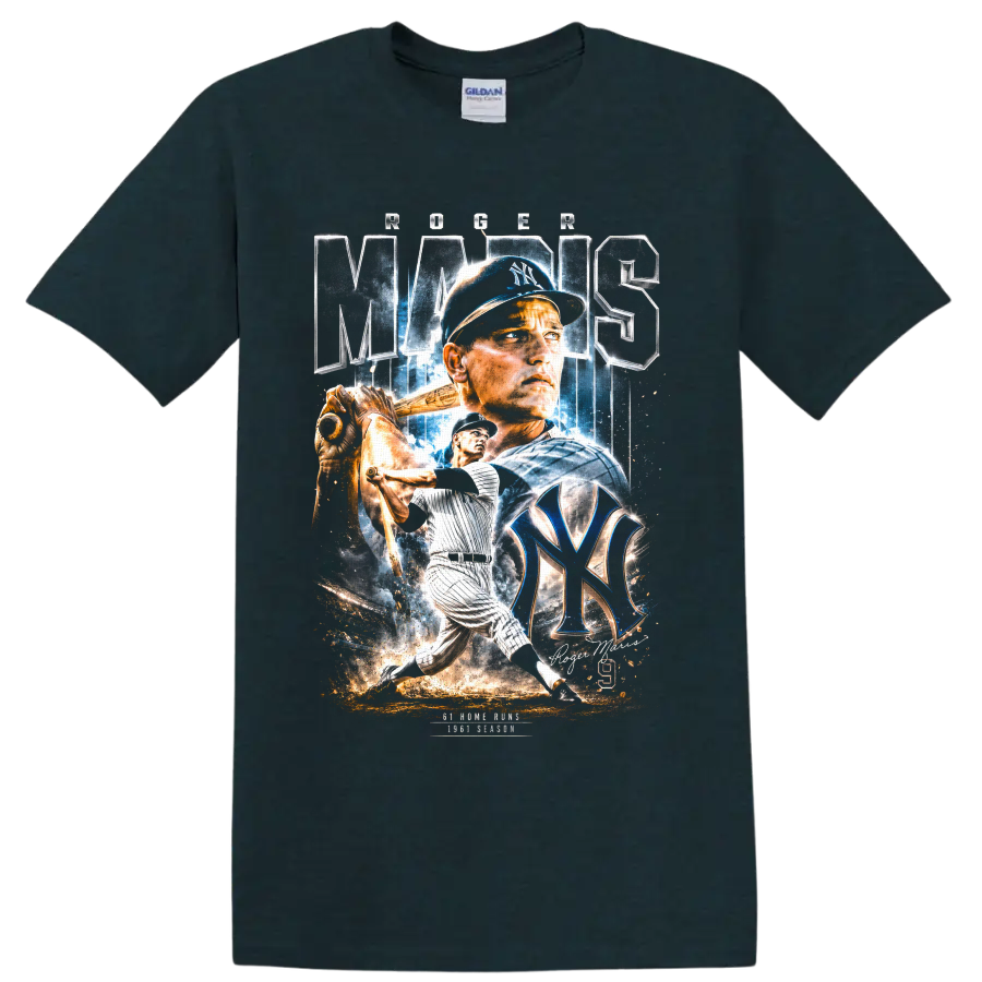 Aaron Judge New York Yankees baseball action portrait graphic with NY emblem on a Midnight (Green) T Shirt