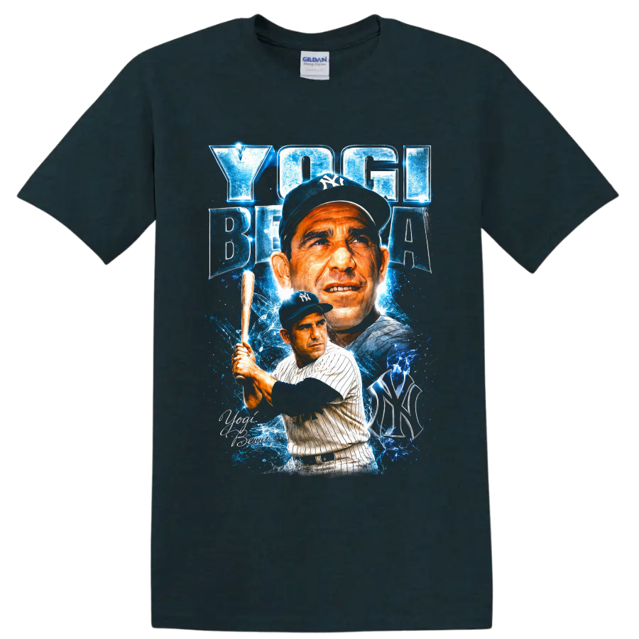 Yogi Berra New York Yankees portrait and batting graphic with blue electric effects on a Midnight (Green) T Shirt