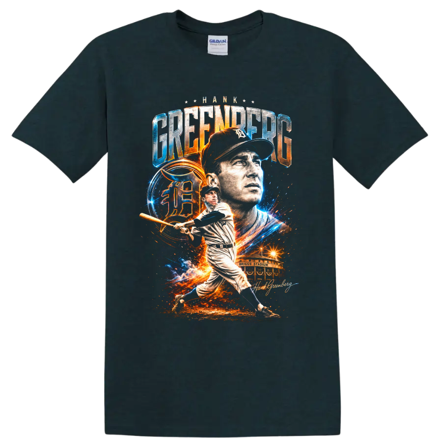 Hank Greenberg Detroit Tigers portrait and batting collage with Briggs Stadium on a Midnight (Green) T Shirt