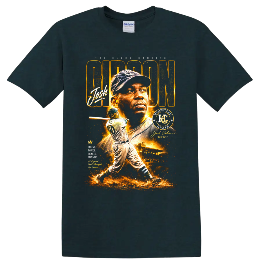 Josh Gibson Homestead Grays portrait and batting tribute in glowing vintage baseball style on a Midnight (Green) T Shirt